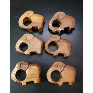 Hand Carved Wooden Elephant Napkin Rings Philippines Set Of 6 1970's Vintage i